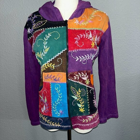 THE COLLECTION ROYAL Zip Front Hoodie Embroidered Texture Boho Hippie 60's 70's - Picture 1 of 8